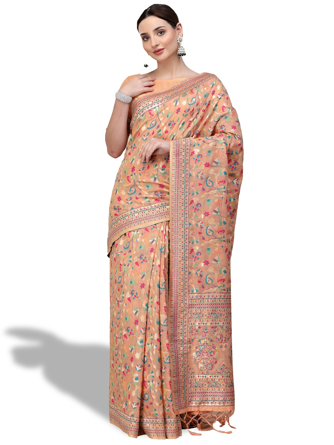 

Mitera Peach-Coloured & Blue Floral Woven Design Saree