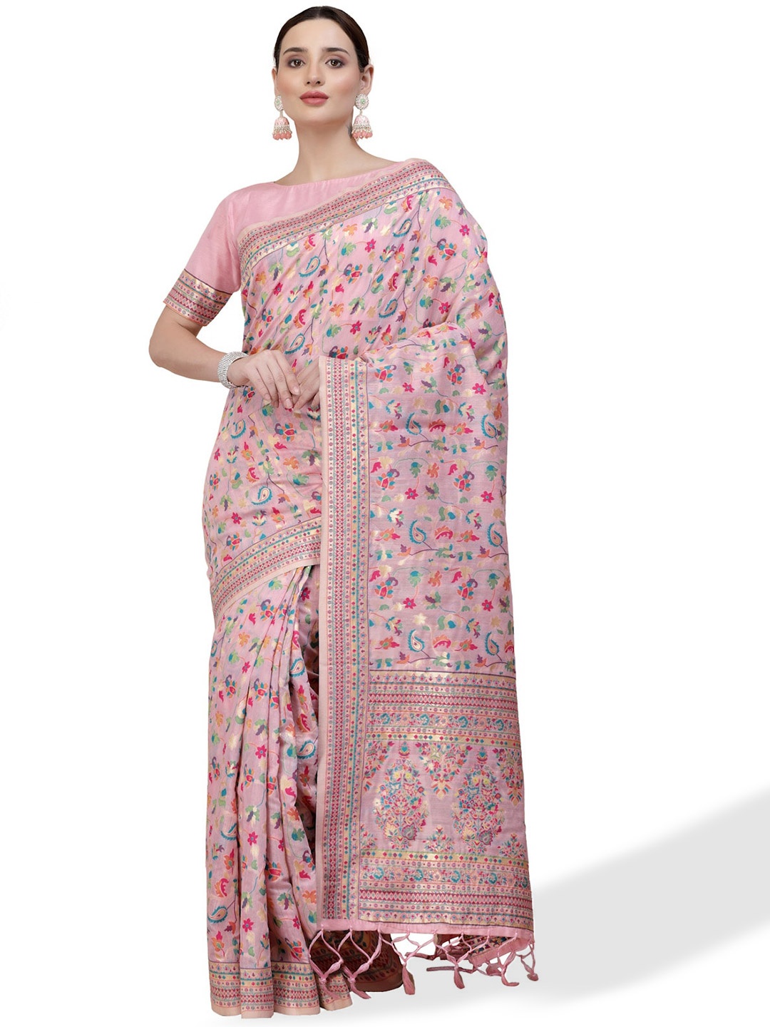 

Mitera Pink & Green Ethnic Motif Woven Design Saree