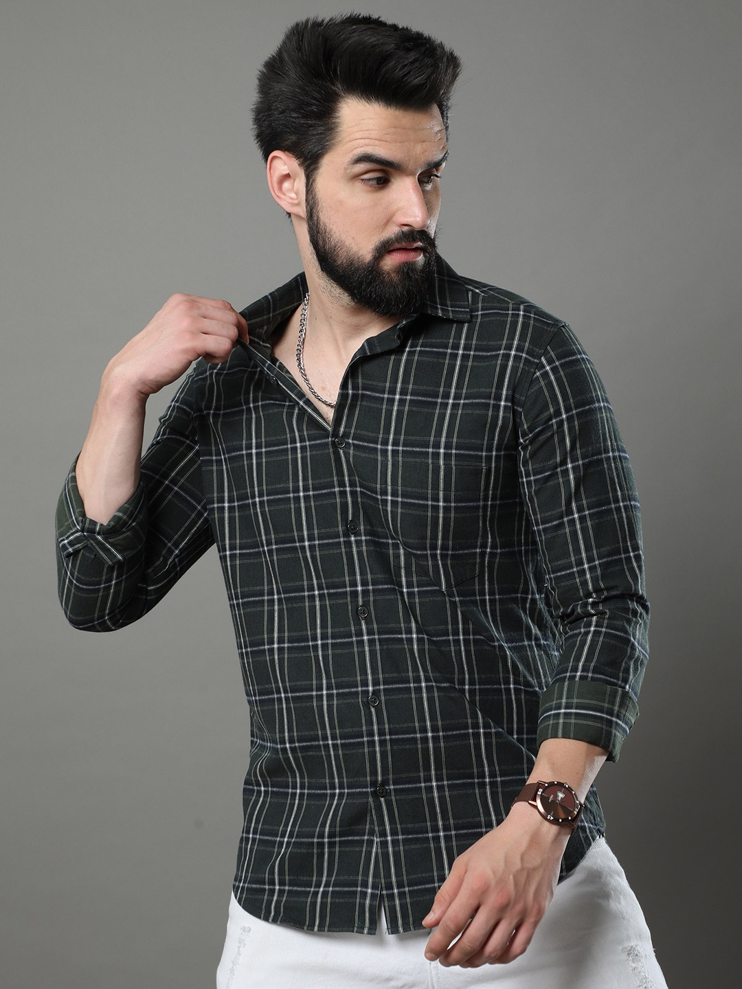 

Bushirt Classic Tartan Checked Pure Cotton Casual Shirt, Green