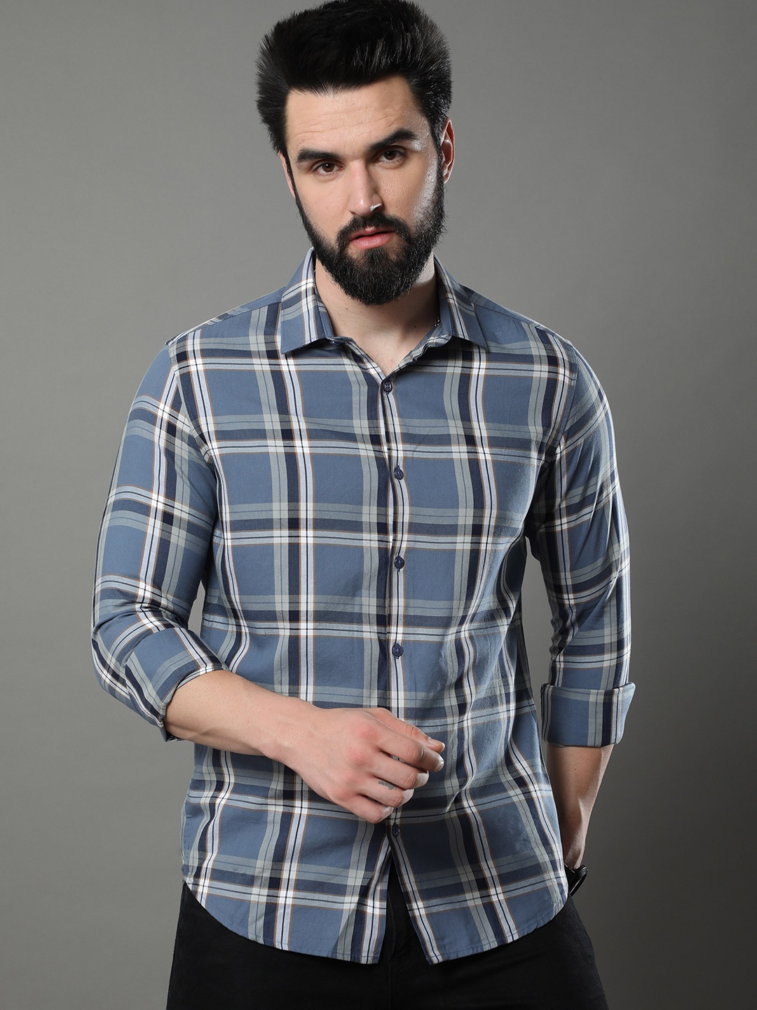 

Bushirt Classic Tartan Checked Pure Cotton Casual Shirt, Blue