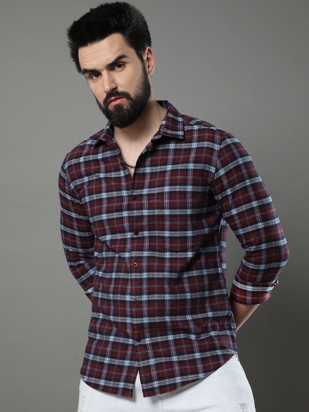 

Bushirt Classic Tartan Checked Pure Cotton Casual Shirt, Burgundy