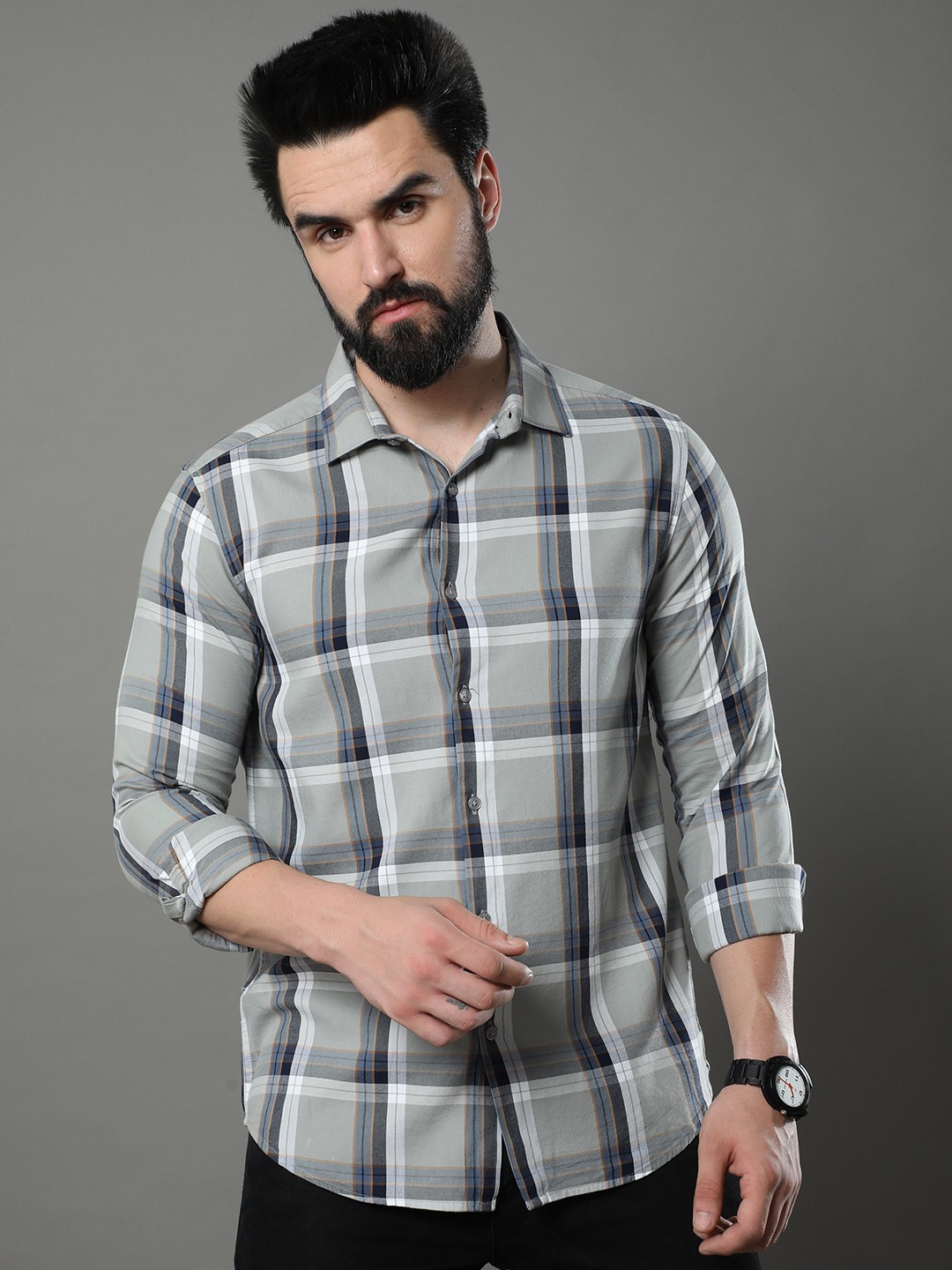 

Bushirt Classic Tartan Checked Pure Cotton Casual Shirt, Grey