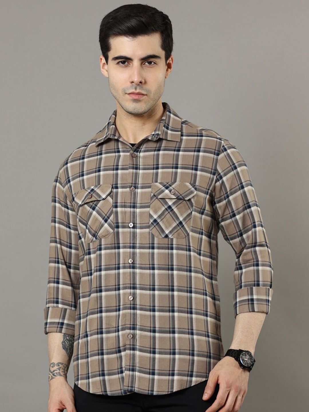 

Bushirt Classic Tartan Checked Pure Cotton Casual Shirt, Coffee brown