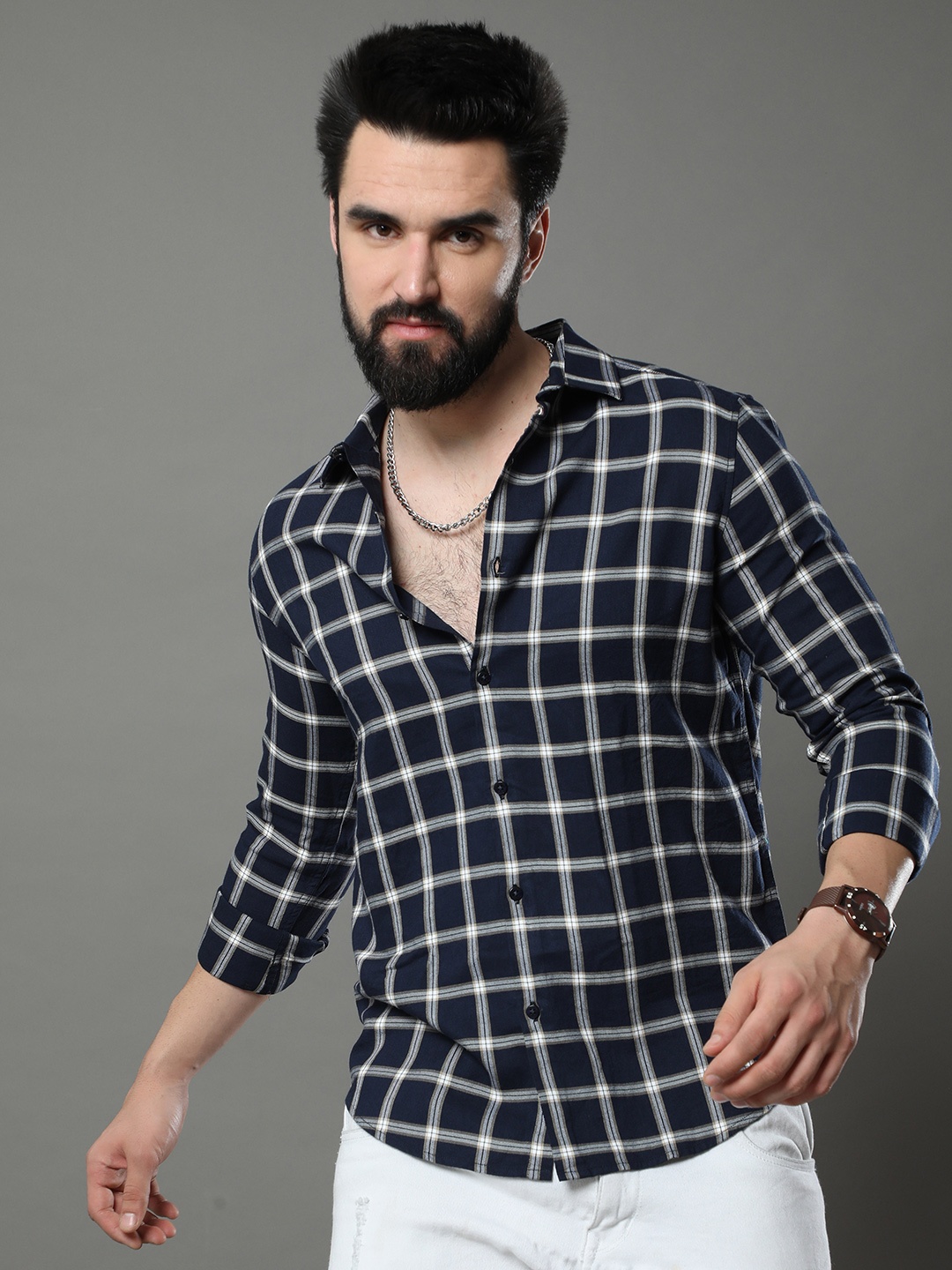 

Bushirt Classic Tartan Checked Pure Cotton Casual Shirt, Navy blue