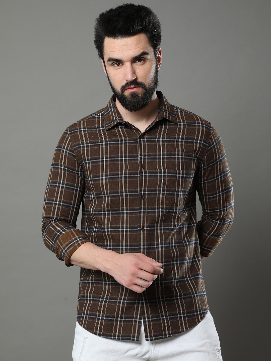 

Bushirt Classic Tartan Checked Pure Cotton Casual Shirt, Brown