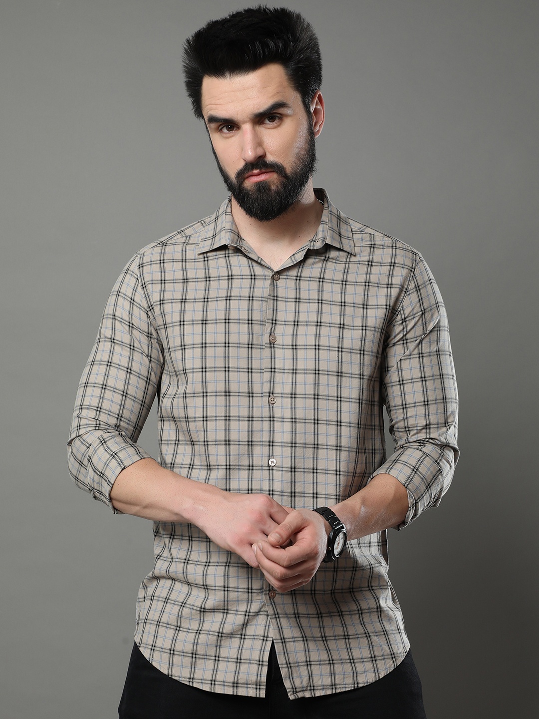 

Bushirt Classic Tartan Checked Pure Cotton Casual Shirt, Beige