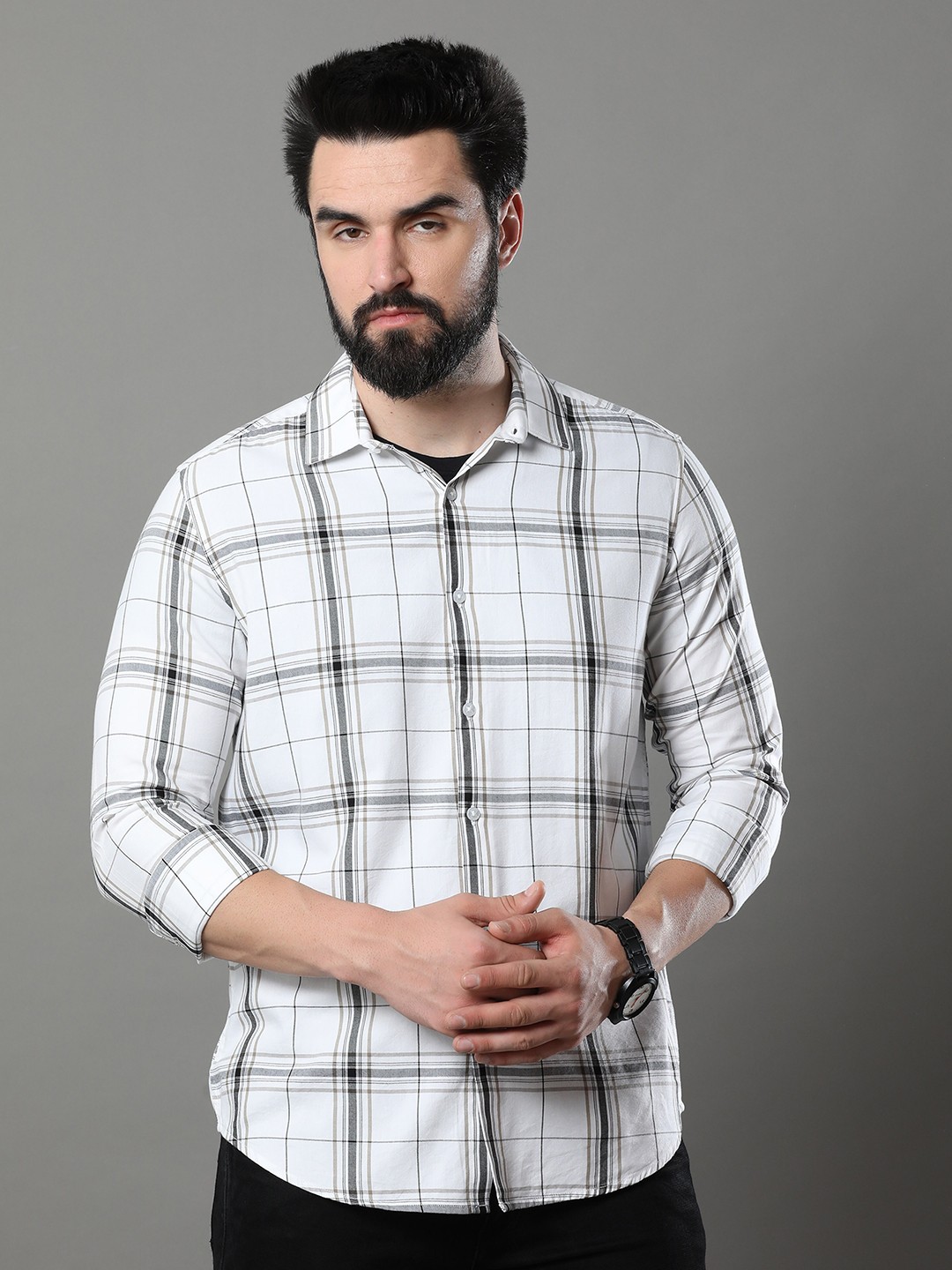 

Bushirt Classic Windowpane Checked Pure Cotton Casual Shirt, White