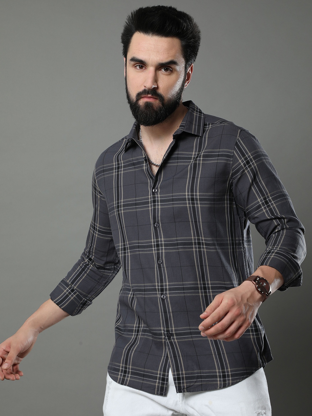 

Bushirt Classic Tartan Checks Pure Cotton Casual Shirt, Grey