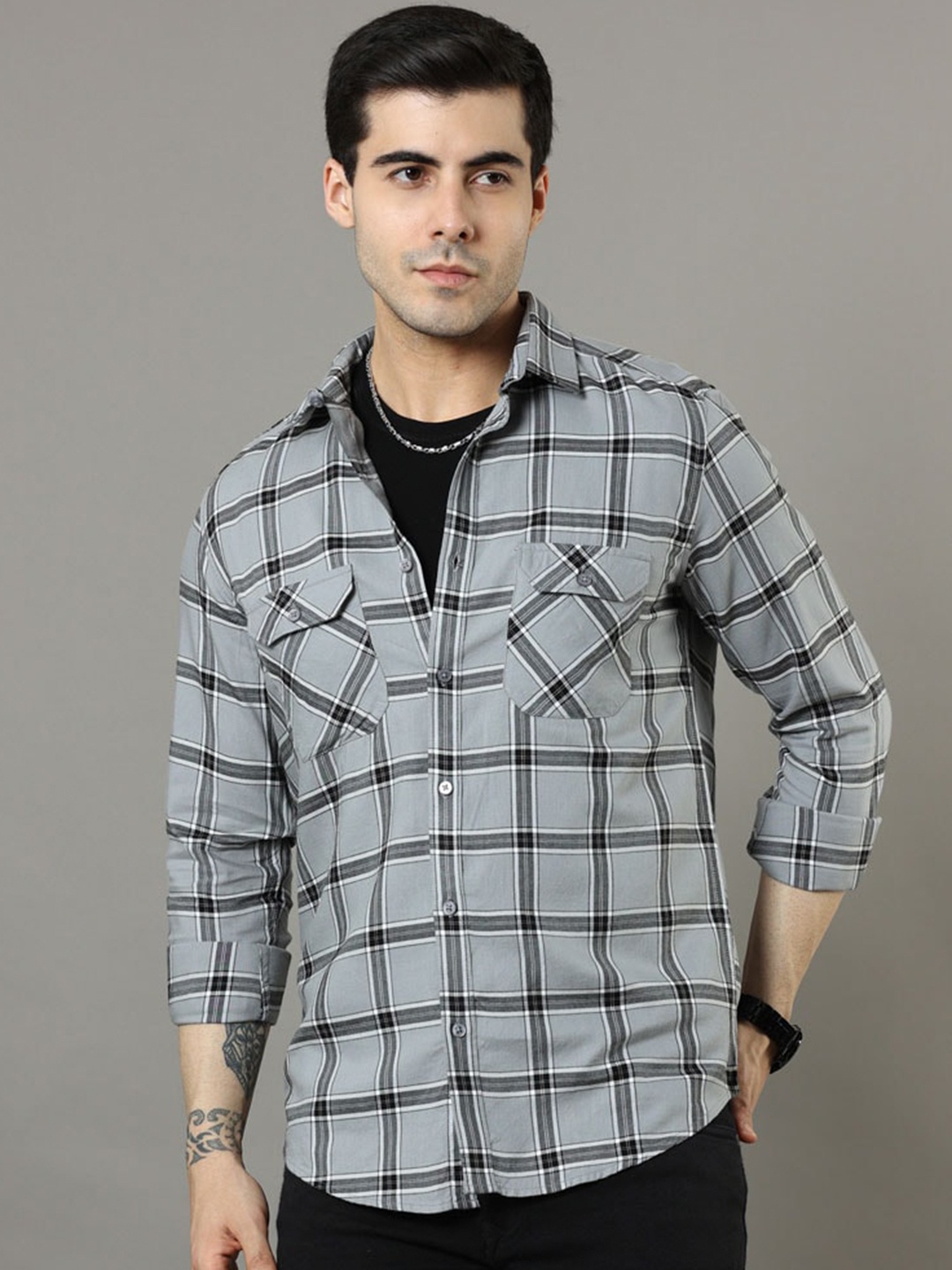 

Bushirt Classic Windowpane Checks Pure Cotton Casual Shirt, Grey