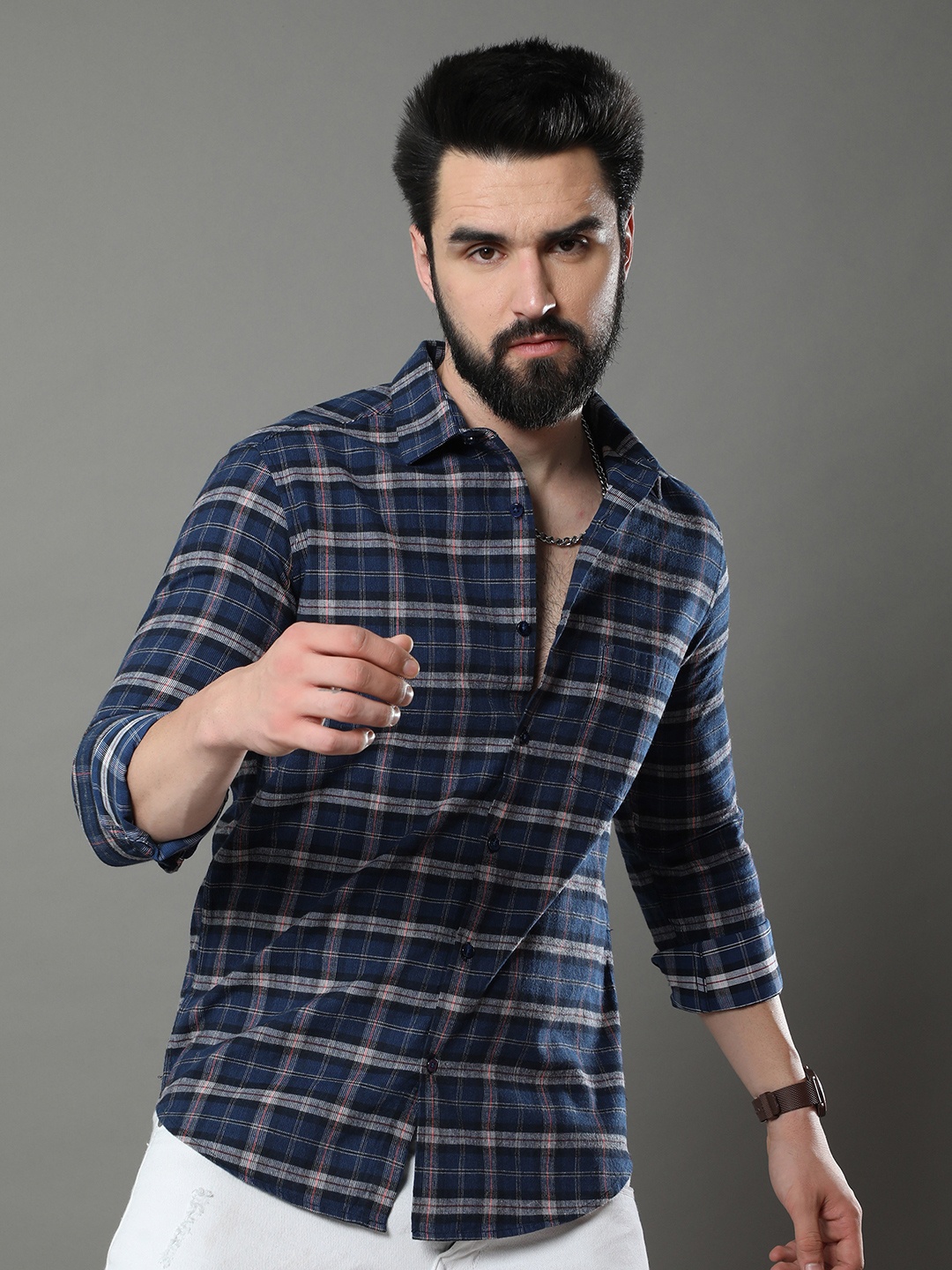 

Bushirt Classic Tartan Checks Pure Cotton Casual Shirt, Navy blue