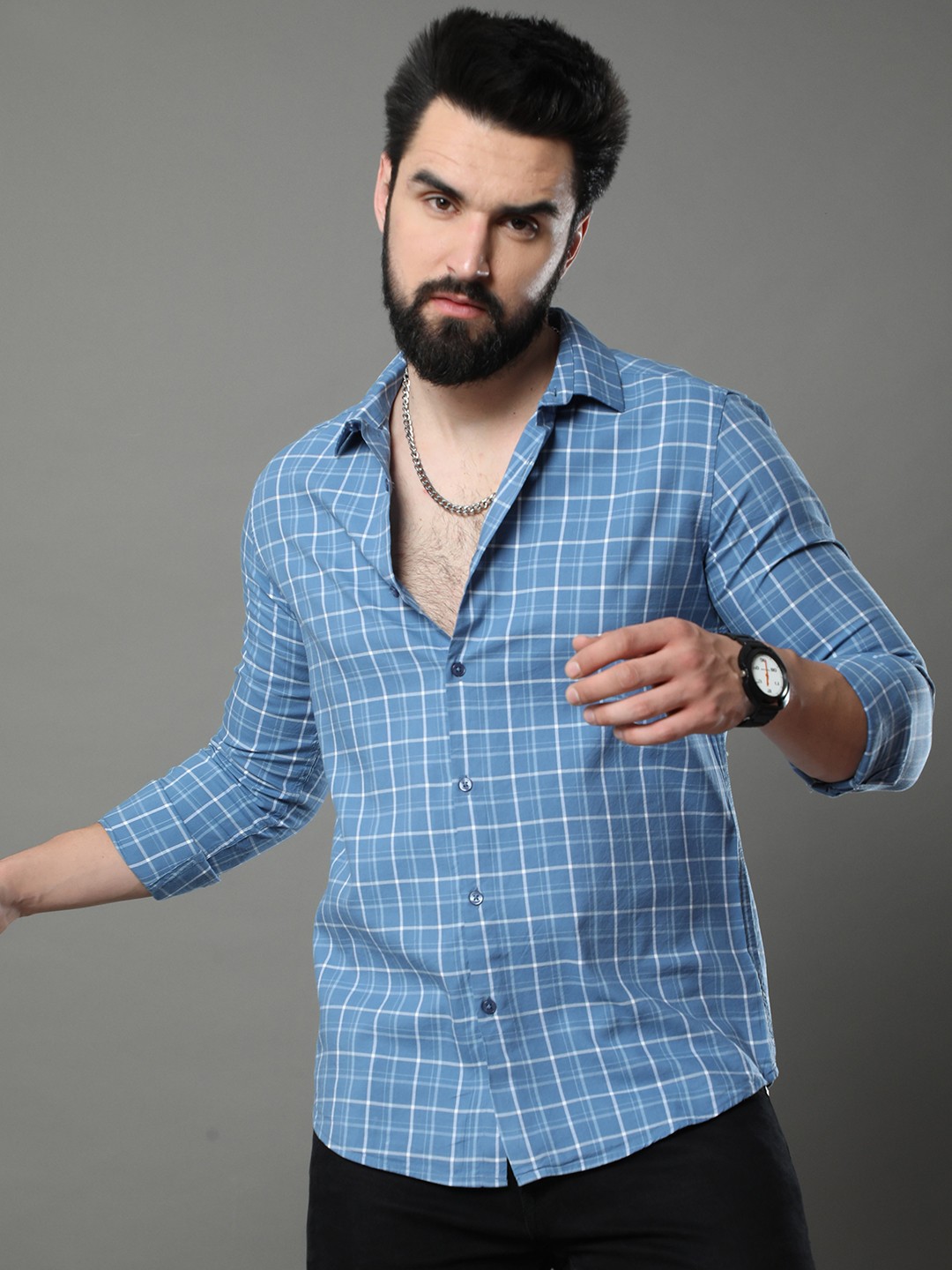 

Bushirt Classic Grid Tattersall Pure Cotton Casual Shirt, Blue