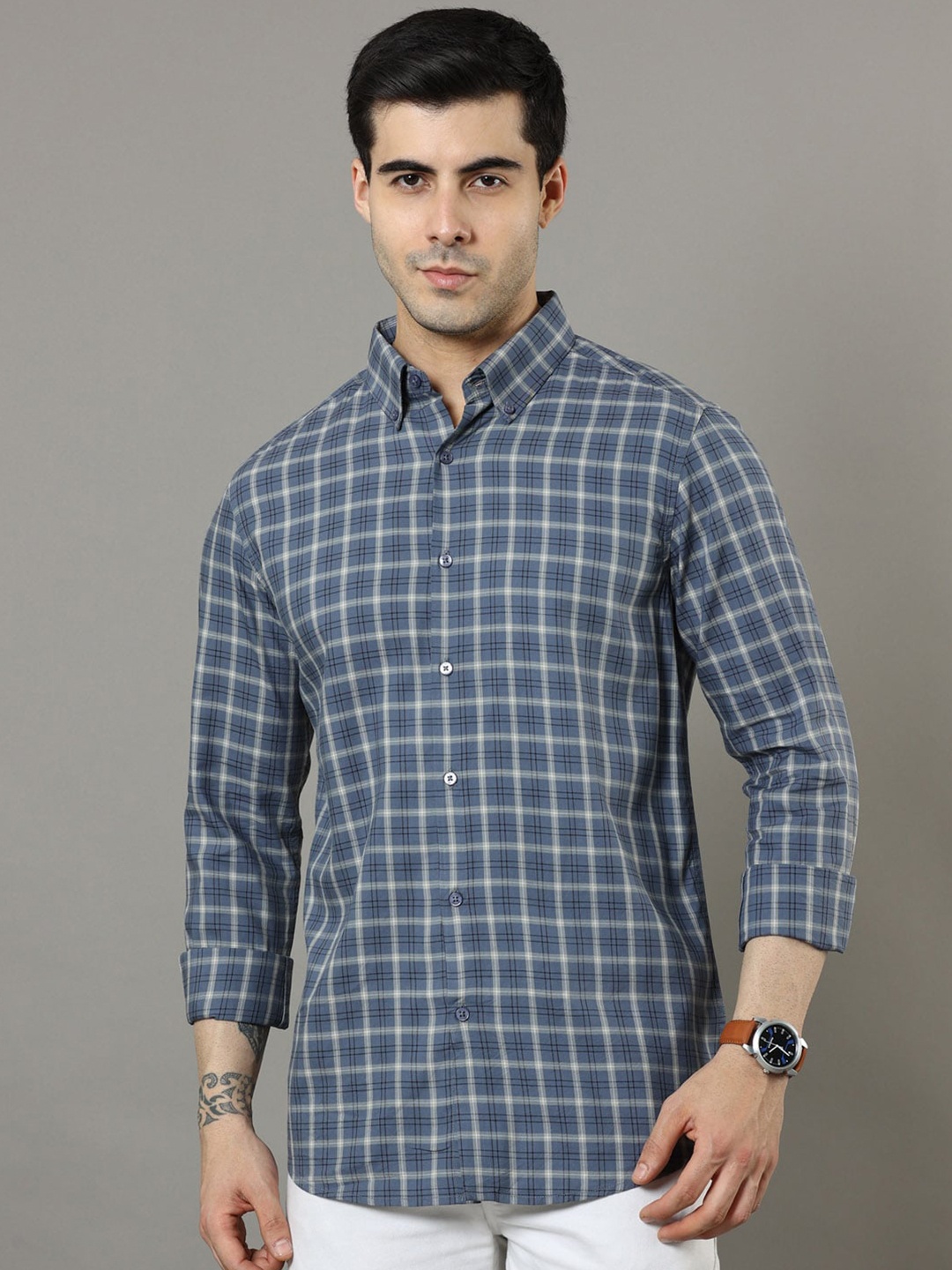 

Bushirt Classic Windowpane Checks Pure Cotton Casual Shirt, Blue