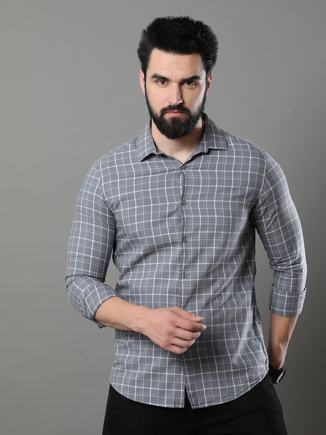 

Bushirt Classic Windowpane Checks Pure Cotton Casual Shirt, Grey