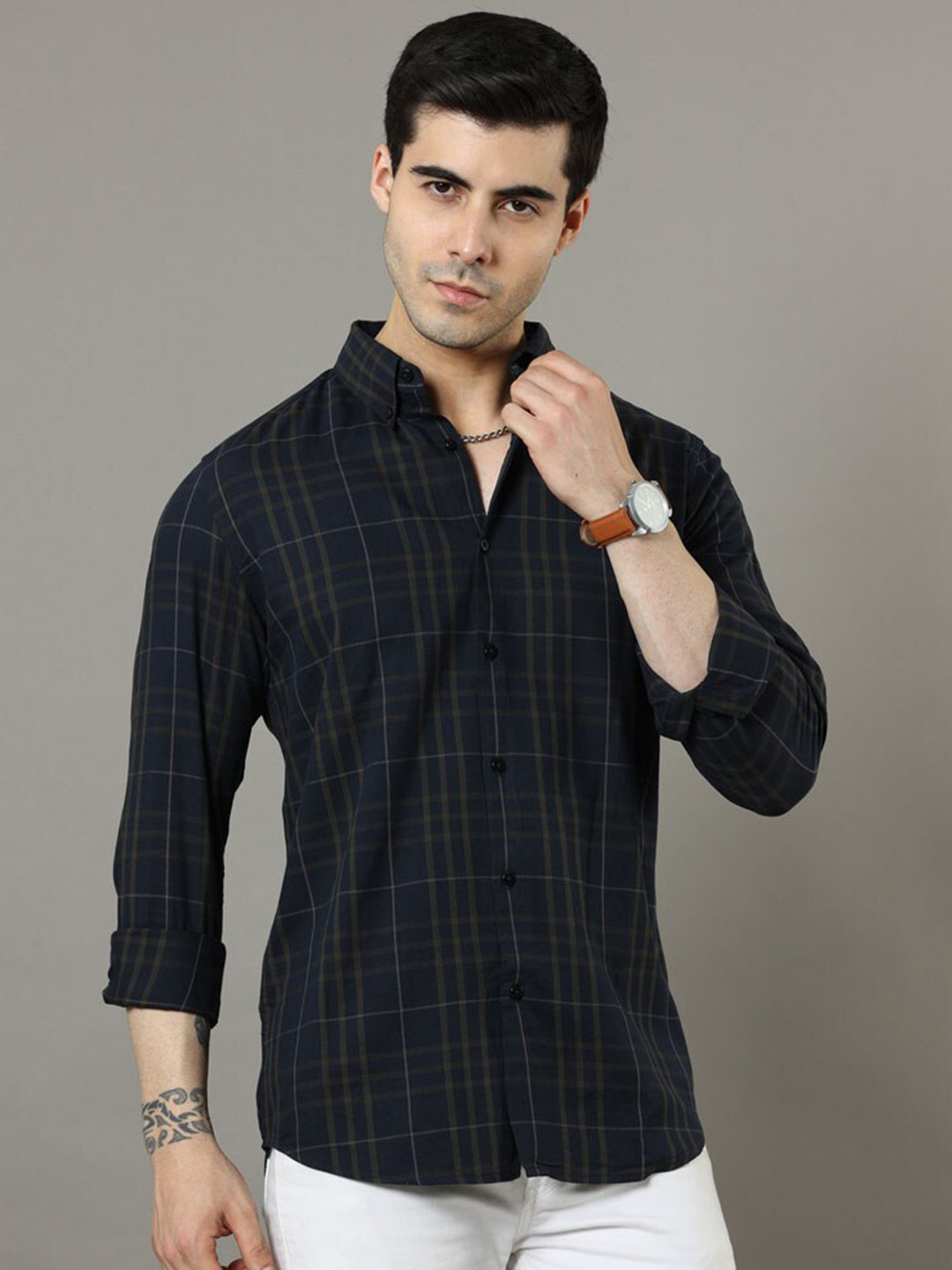 

Bushirt Classic Tartan Checks Pure Cotton Casual Shirt, Navy blue