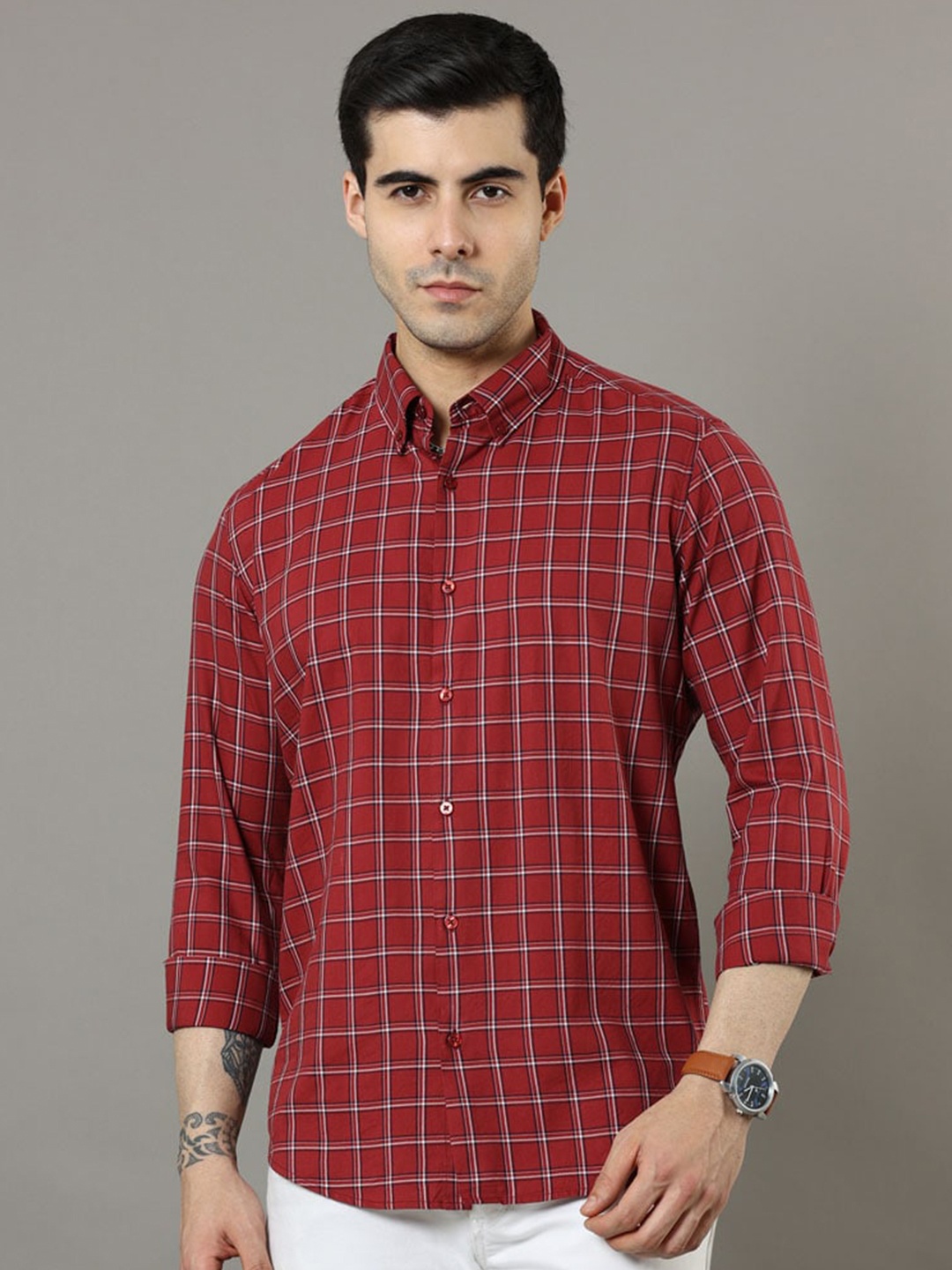 

Bushirt Classic Tartan Checks Pure Cotton Casual Shirt, Burgundy