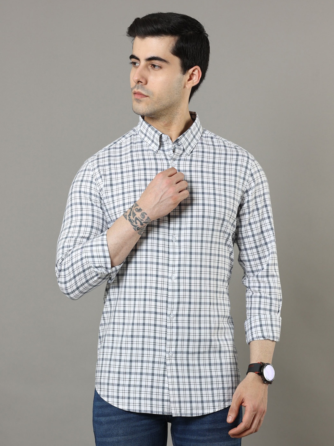 

Bushirt Classic Tartan Checked Button Down Collar Twill Pure Cotton Casual Shirt, White