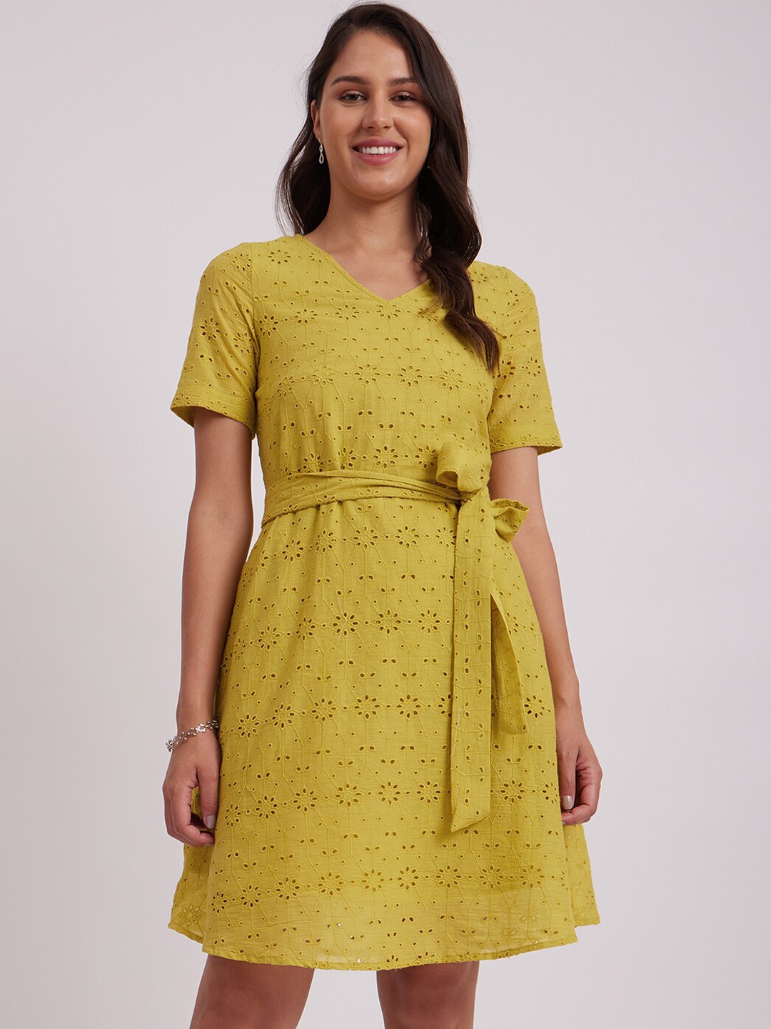 

Pink Fort Self Design A-Line Cotton Ethnic Dress, Yellow