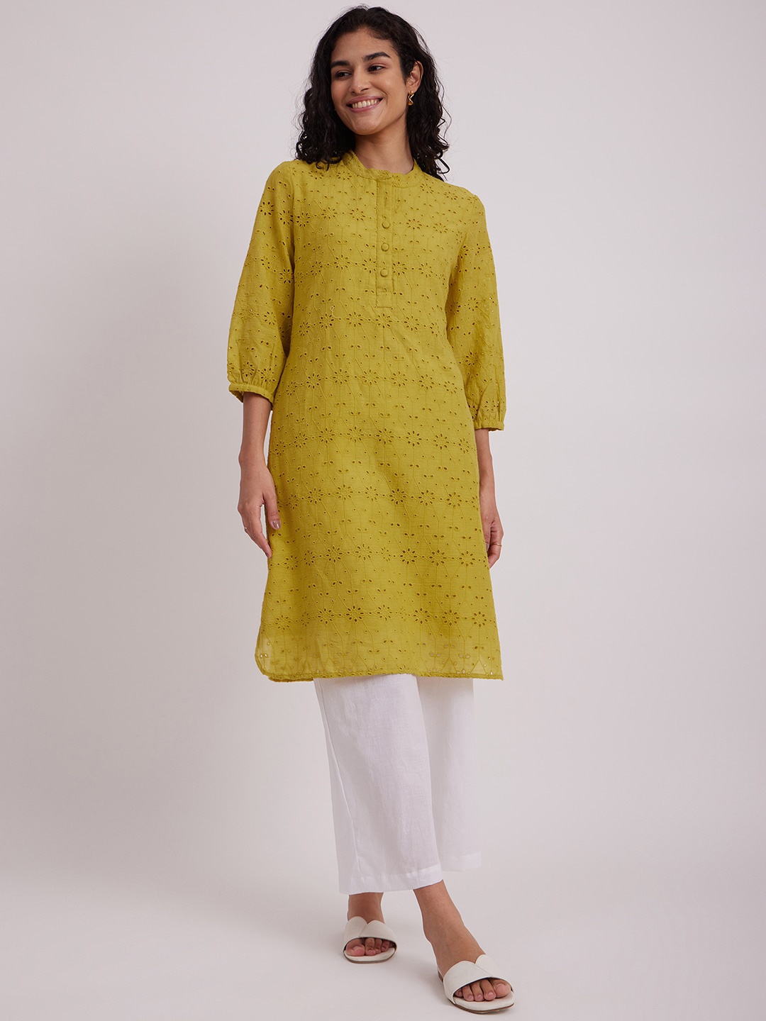

Pink Fort Geometric Embroidered Schiffli Cotton Kurta, Yellow