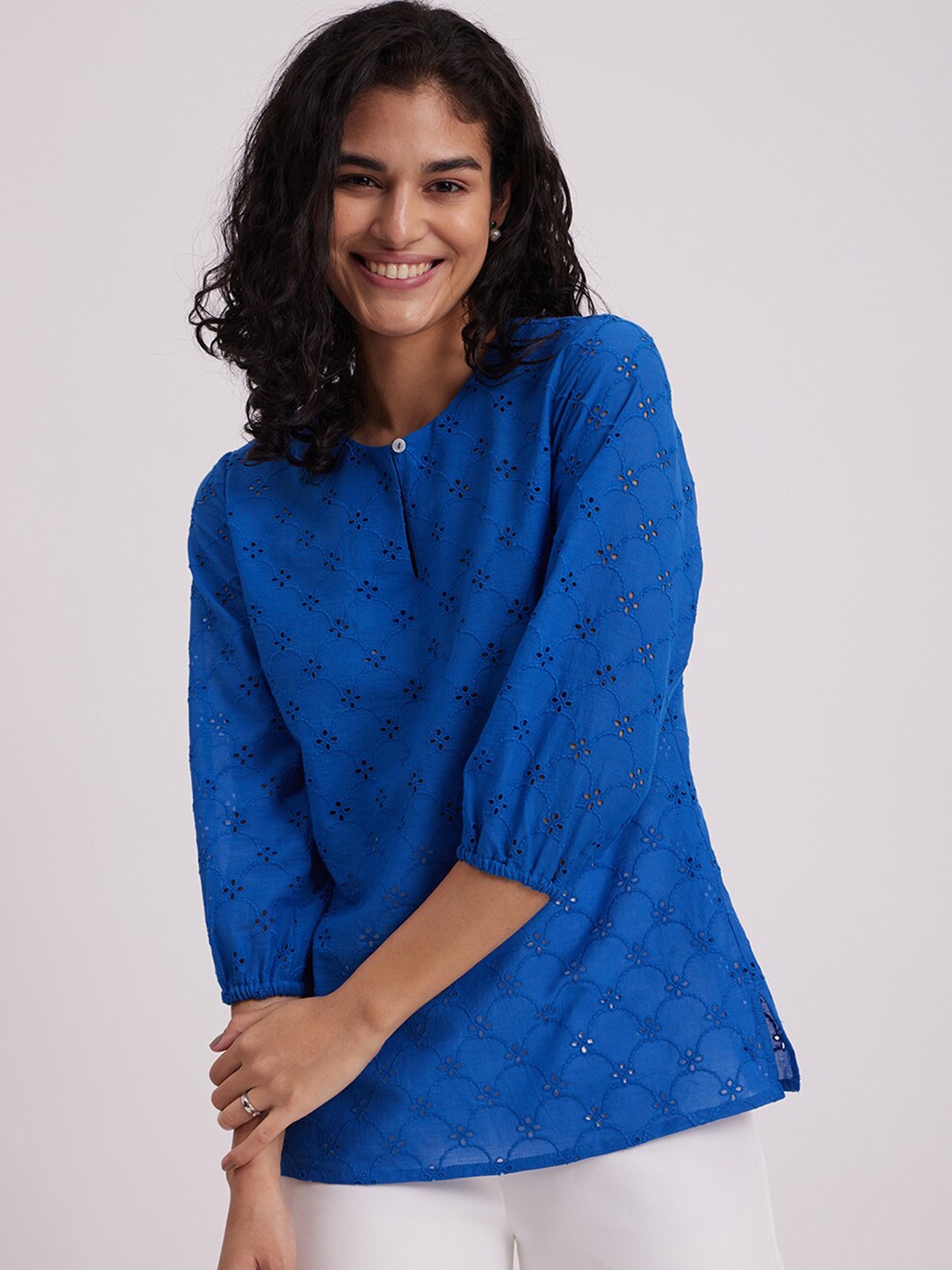 

Pink Fort Round Collar Pure Cotton Schiffli Top, Blue