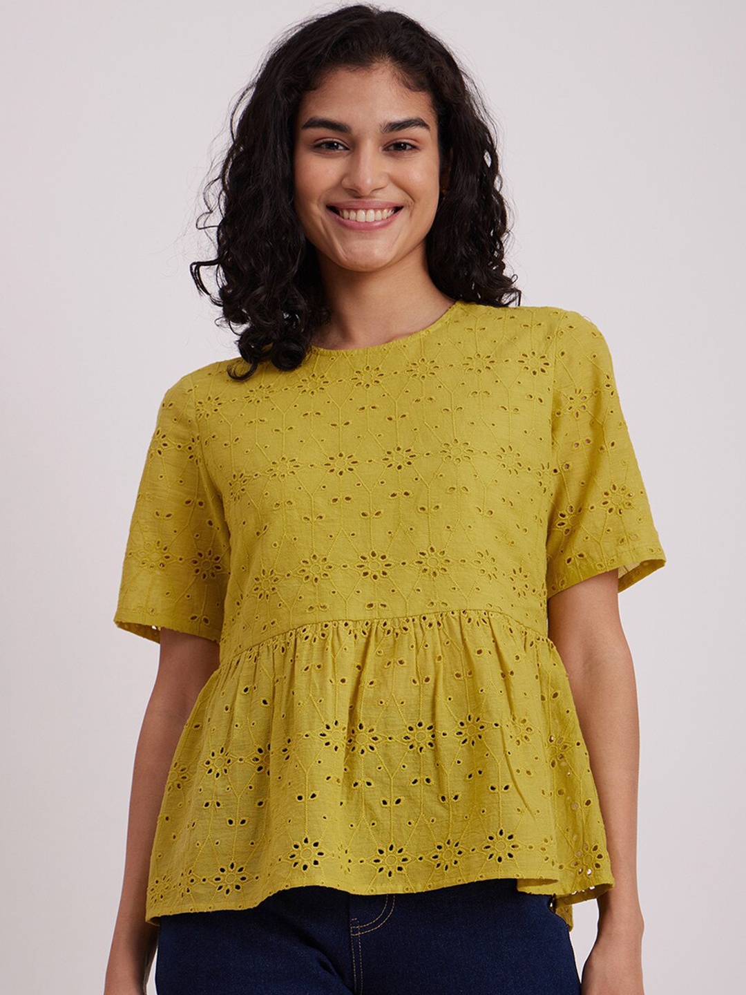 

Pink Fort Round Collar Peplum Pure Cotton Schiffli Top, Yellow