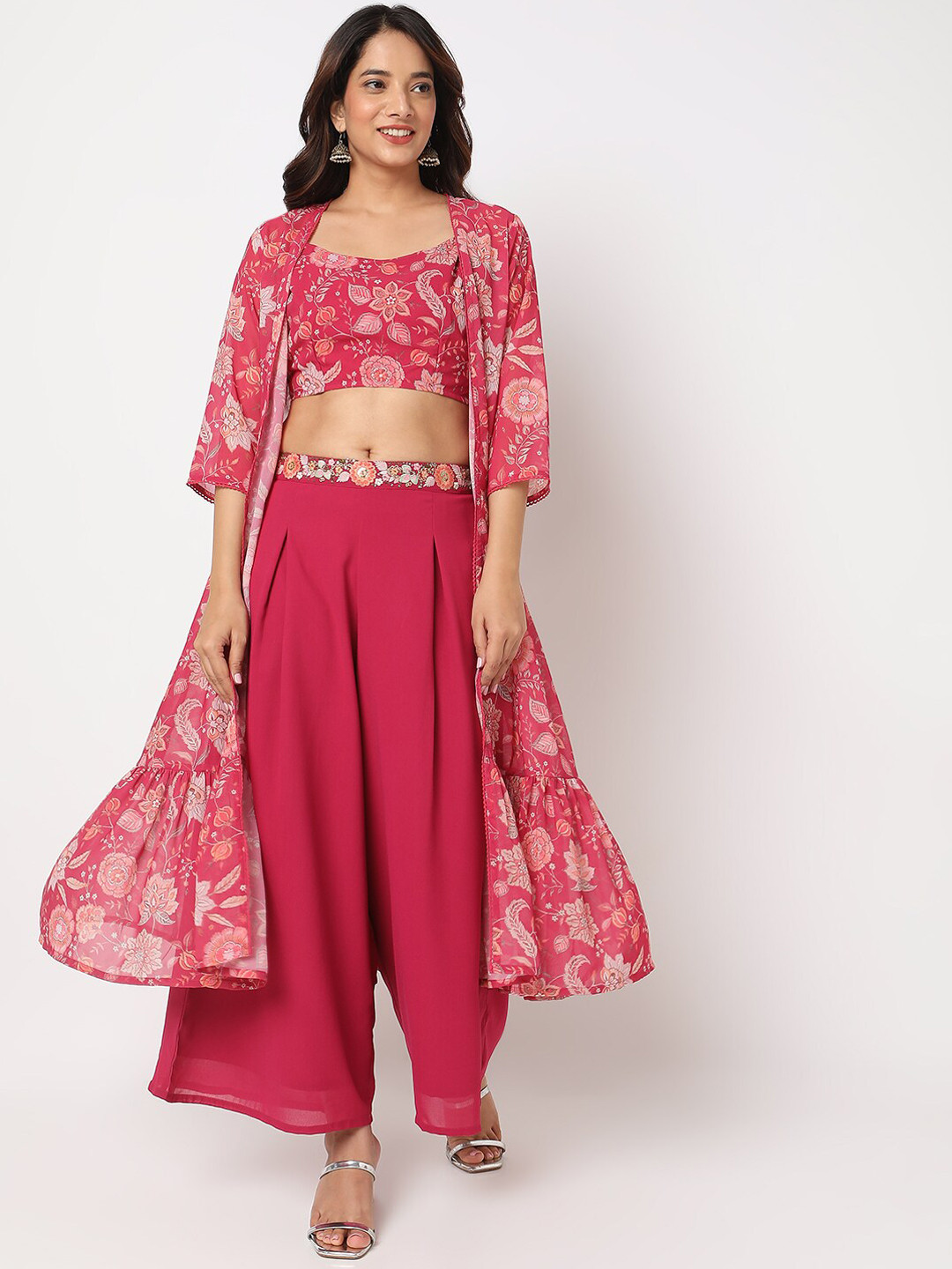 

Ethnicity Floral Printed Ethnic Crop Top with Palazzos & Shrug, Pink