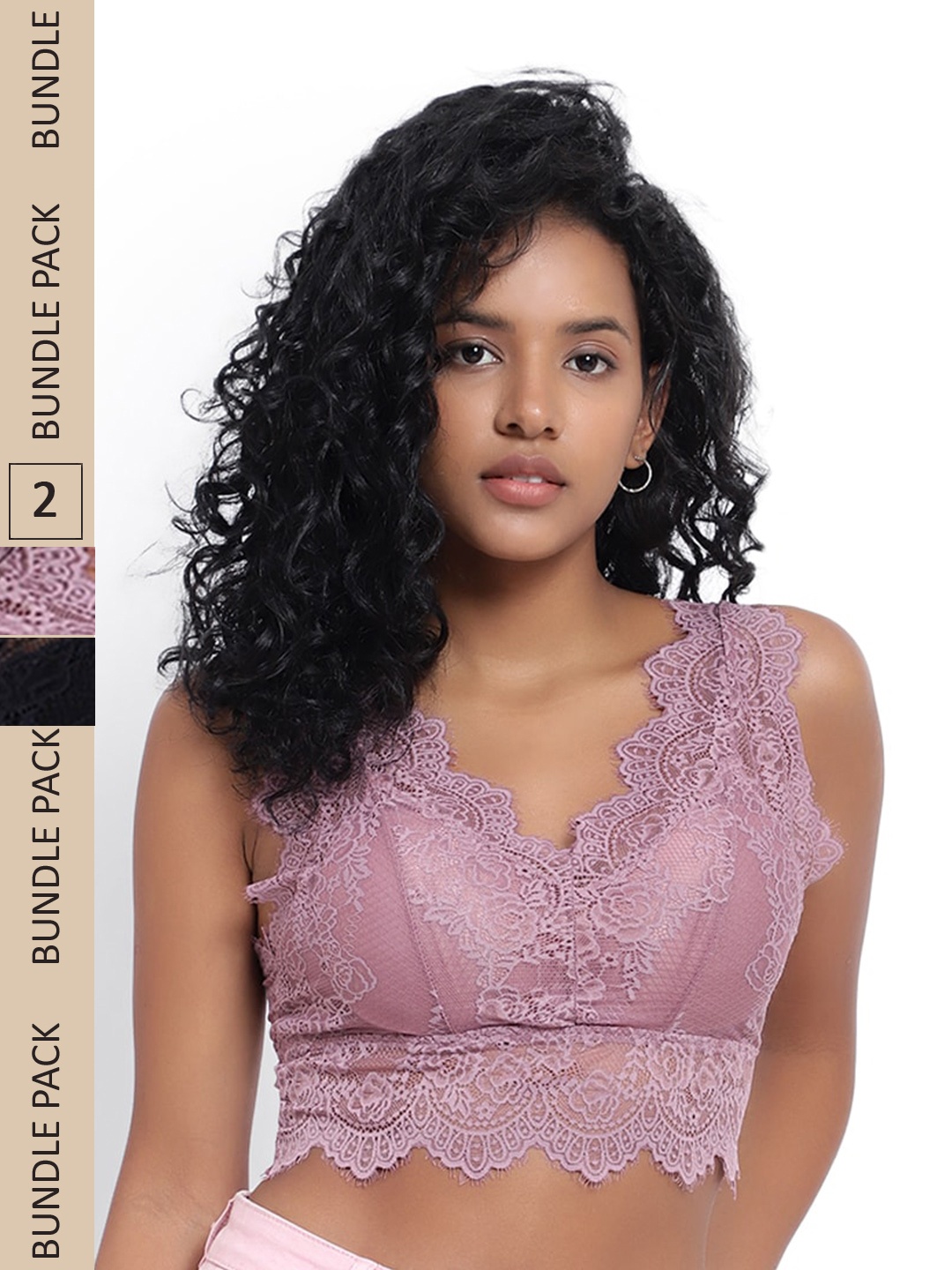 

PARKHA Pack of 2 Heavily Padded Non-Wired Full Coverage Lace Bralette Bra, Pink