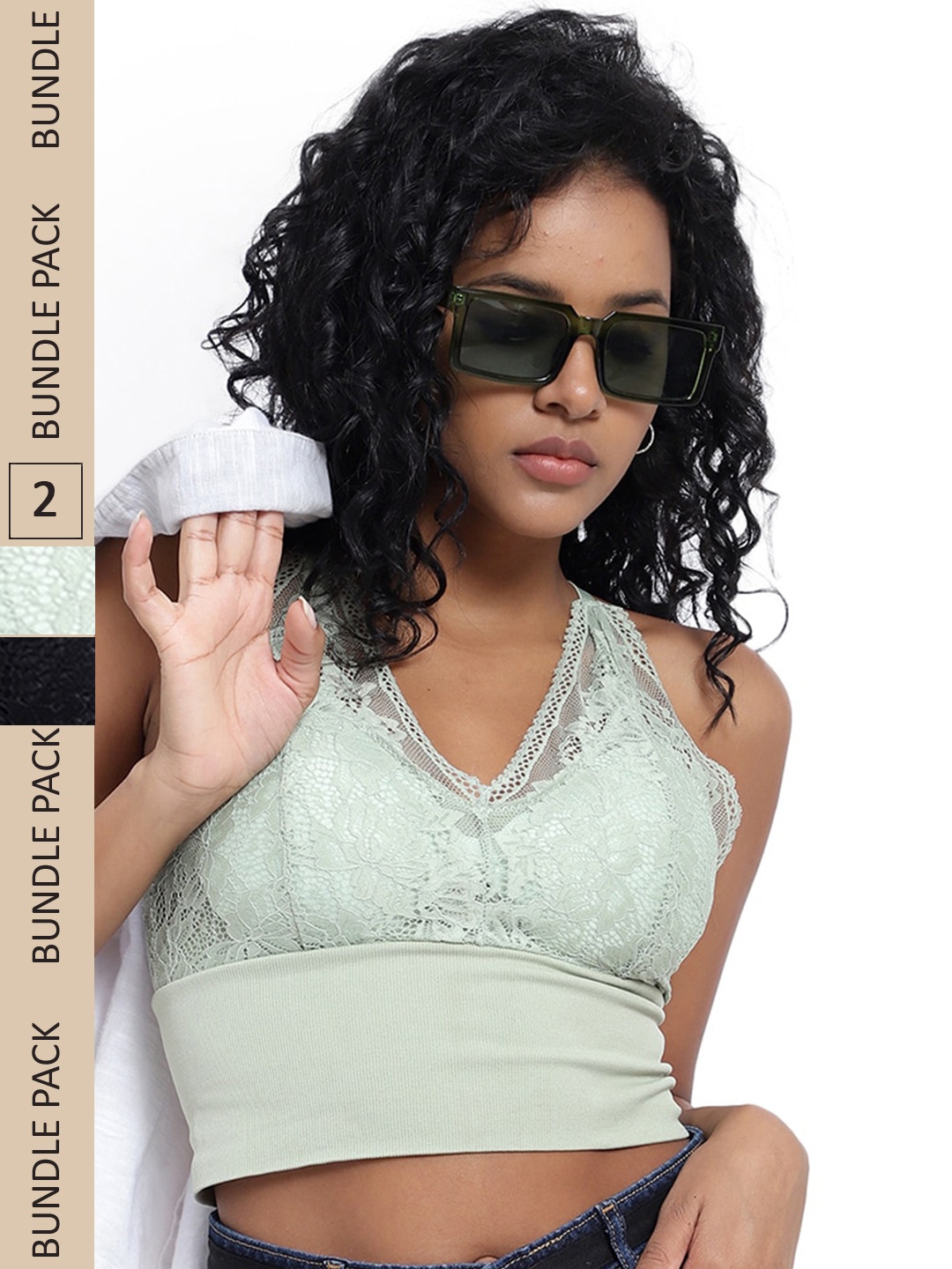 

PARKHA Pack Of 2 Full Coverage Heavily Padded All Day Comfort Dry-Fit Lace Bralette Bra, Green