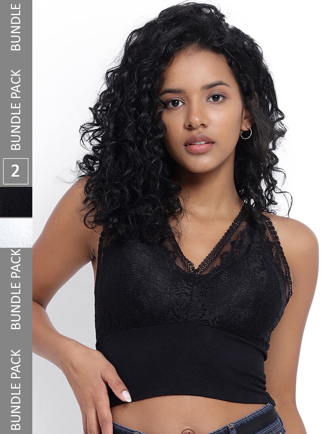 

PARKHA Pack Of 2 V-Neck Heavily Padded All Day Comfort Dry-Fit Lace Bralette Bra, Black