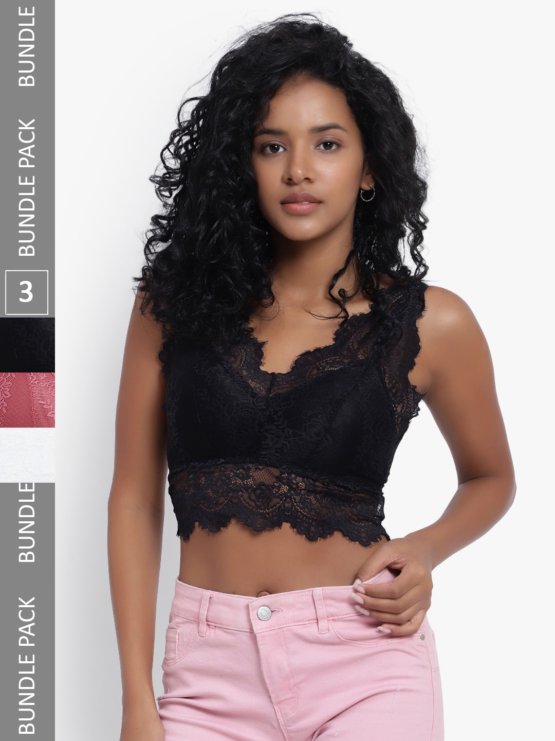 

PARKHA Pack Of 3 Bralette Full Coverage Dry Fit Heavily Lacey Padded Bra, Black