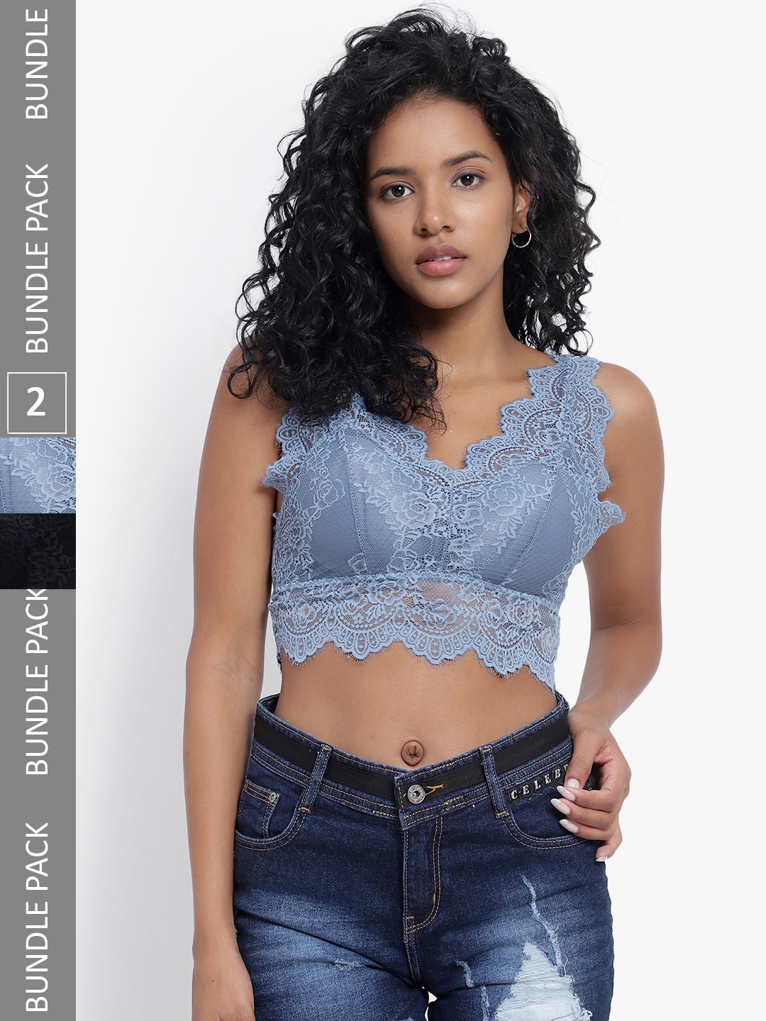 

PARKHA Pack Of 2 Bralette Full Coverage Dry Fit Heavily Lacey Padded Bra, Black