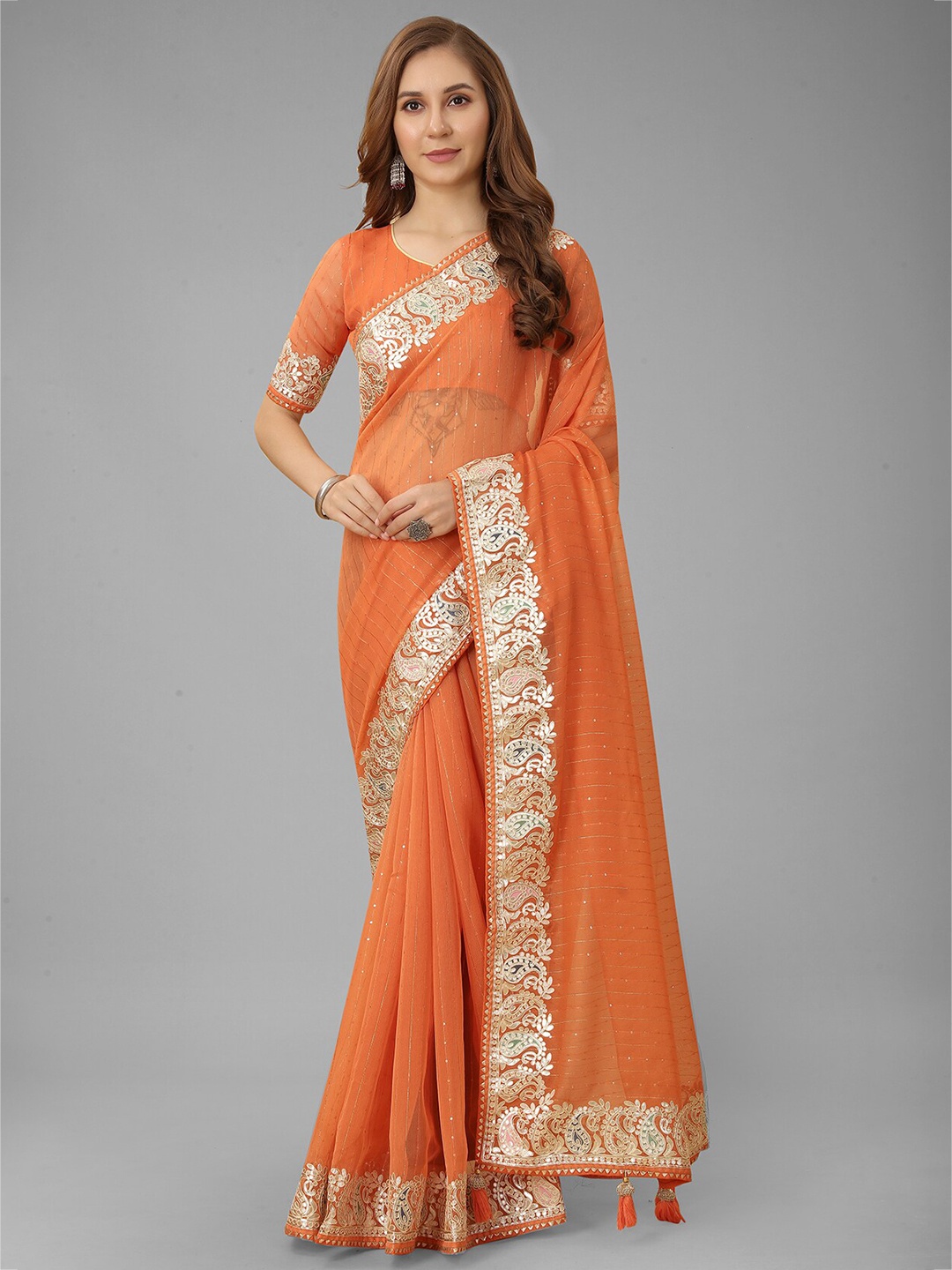 

N N ENTERPRISE Embellished Sequinned Net Saree, Orange