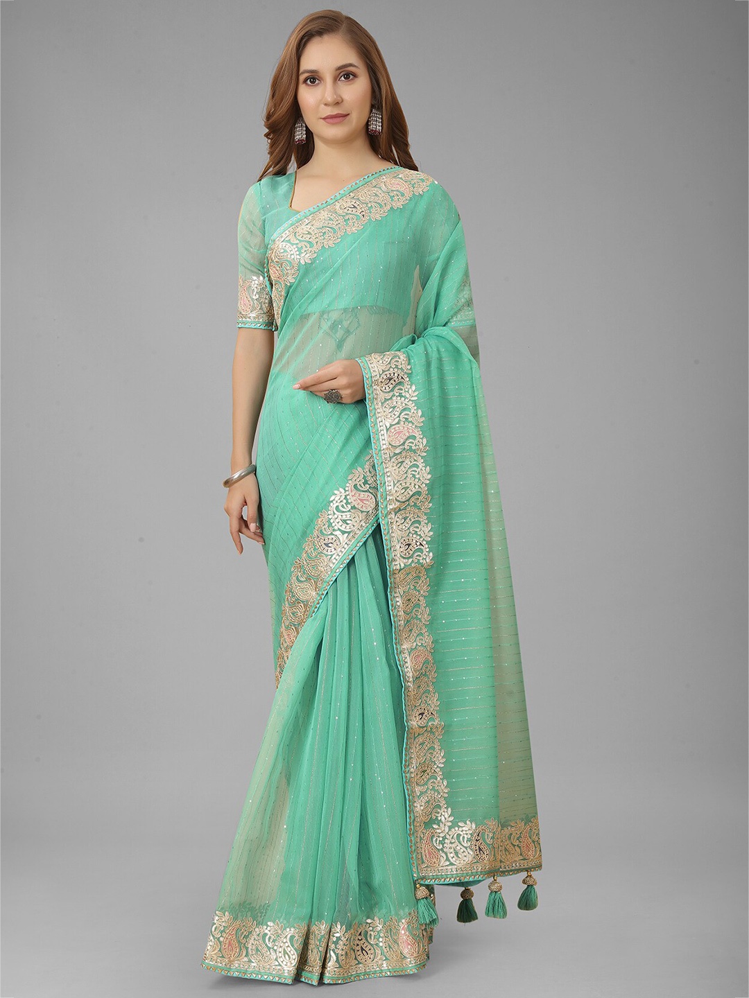 

N N ENTERPRISE Striped Sequinned Net Saree, Turquoise blue