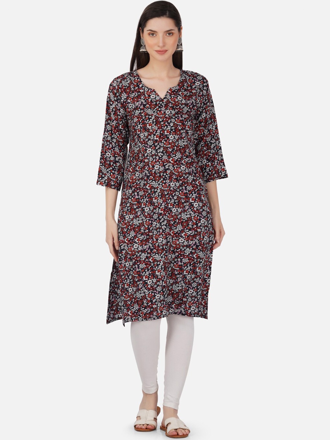 

Romaisa Floral Printed Notched Neck Kurta, Black