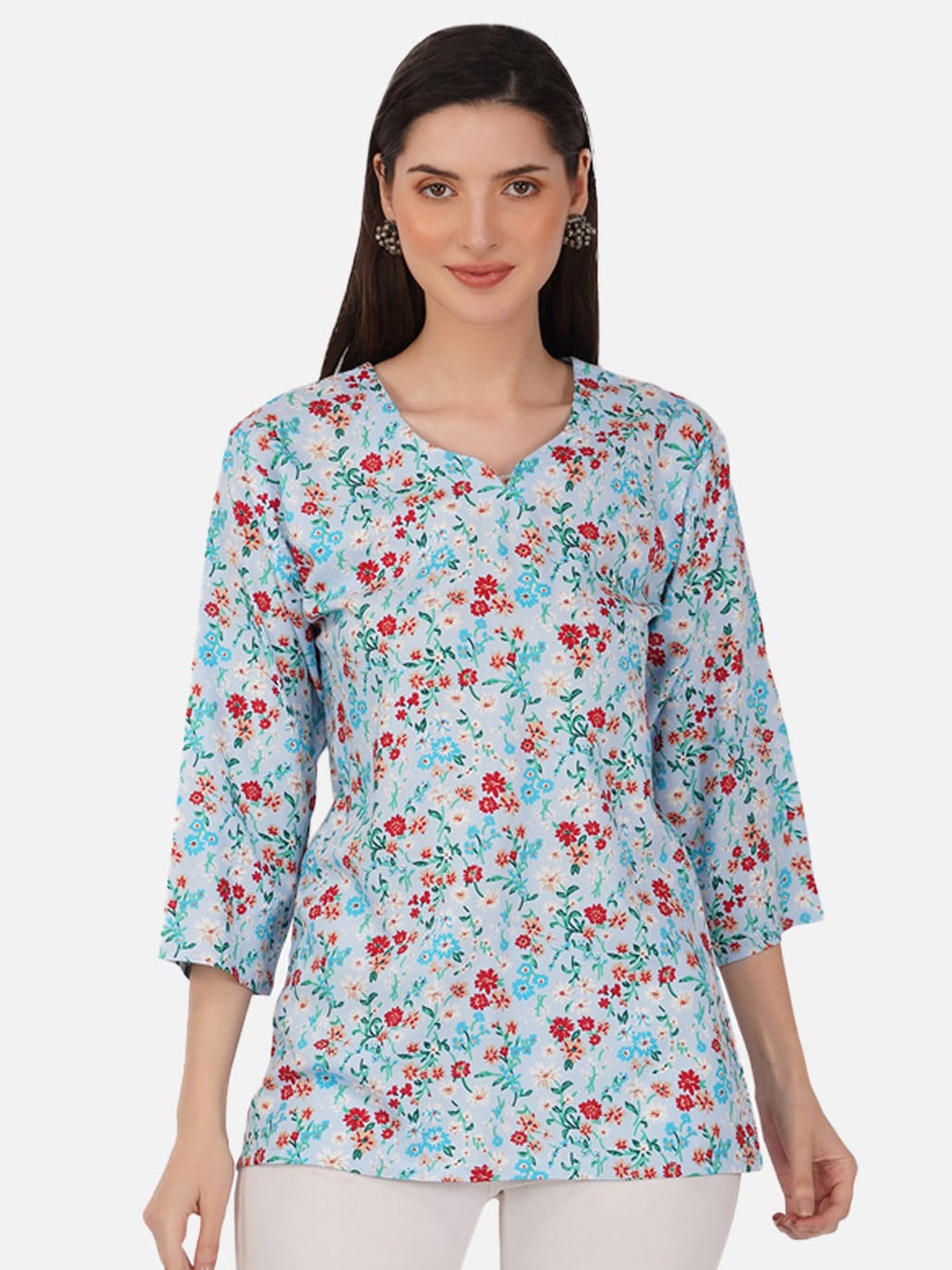 

Romaisa Floral Printed Sweetheart Neck Three Quarter Sleeves Top, Blue