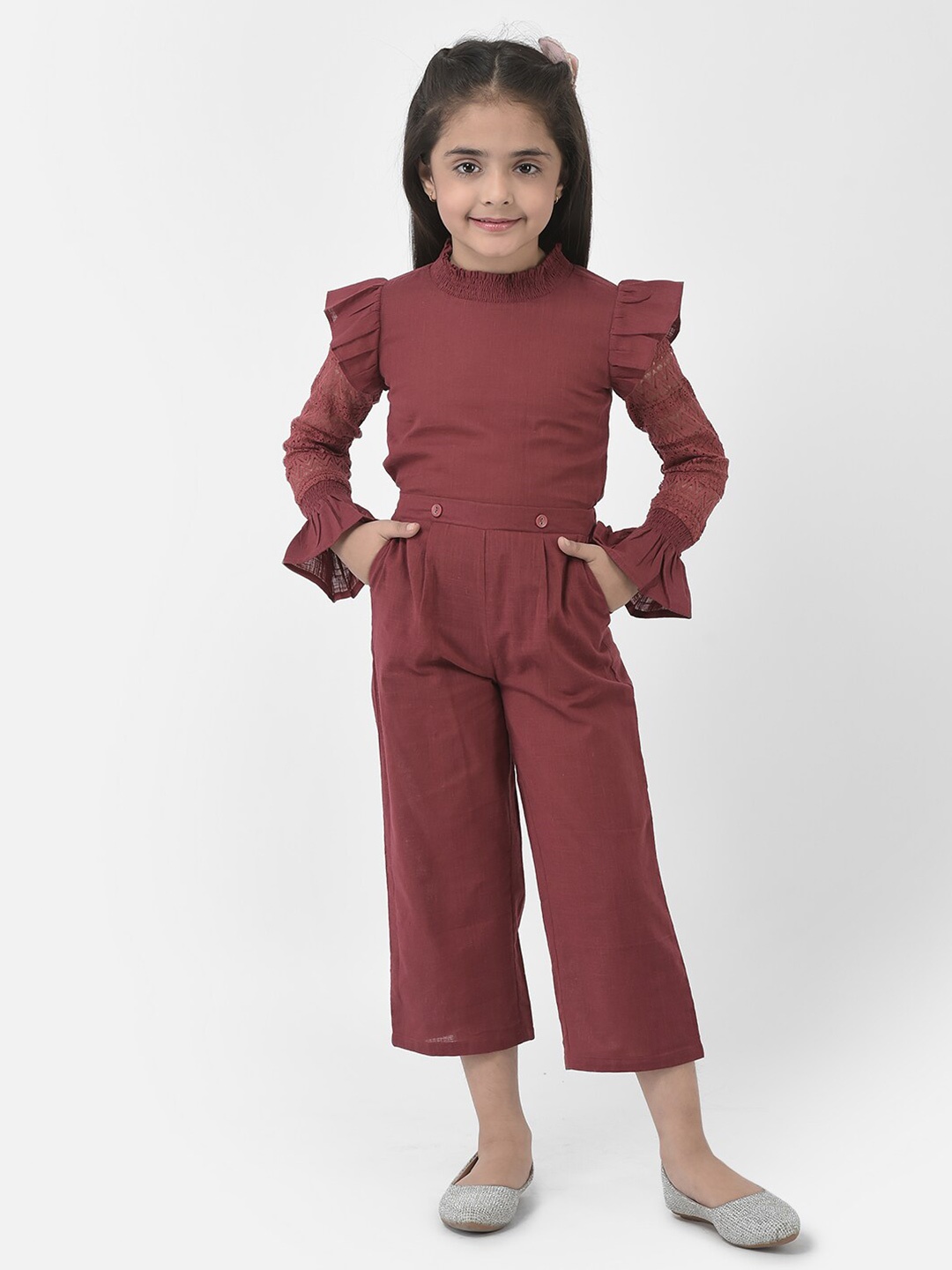 

Eavan Kids Girls Bell Sleeves Basic Jumpsuit With Ruffles, Rust