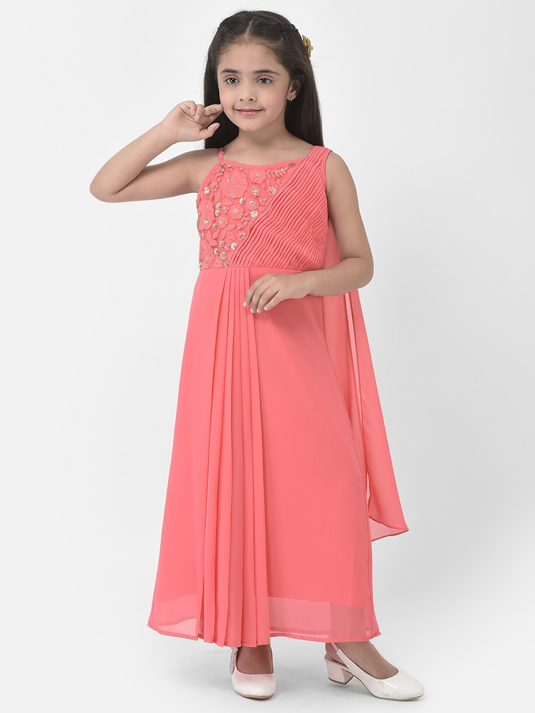 

Eavan Girls Embroidered Georgette Fit & Flare Maxi Dress, Coral