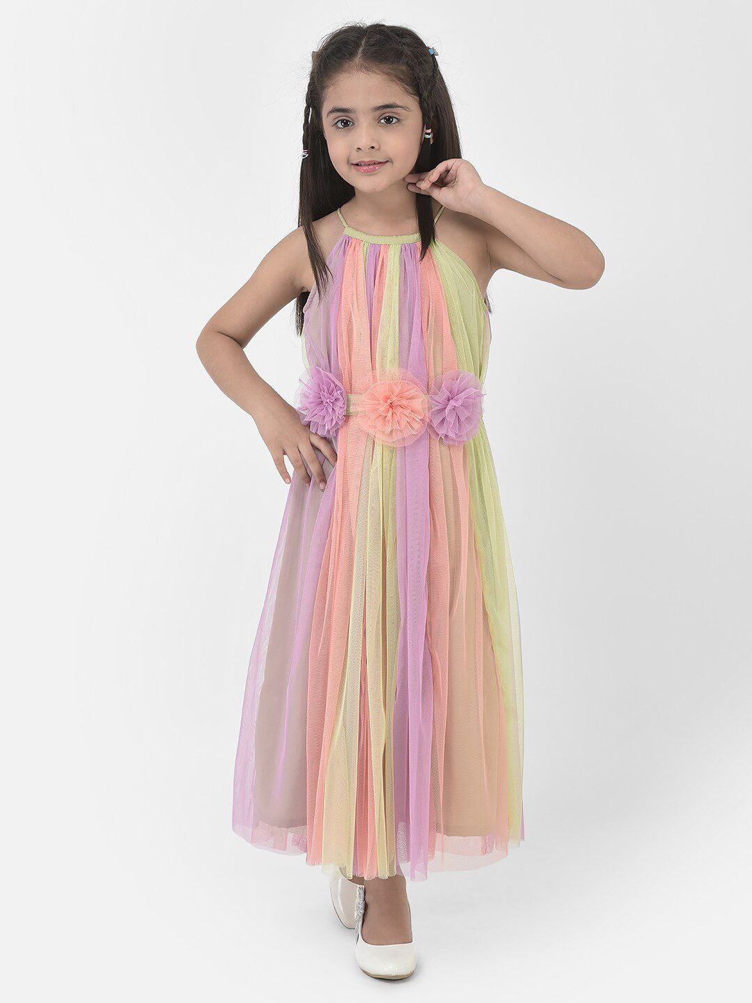 

Eavan Girls Striped Net Fit & Flare Maxi Dress, Yellow