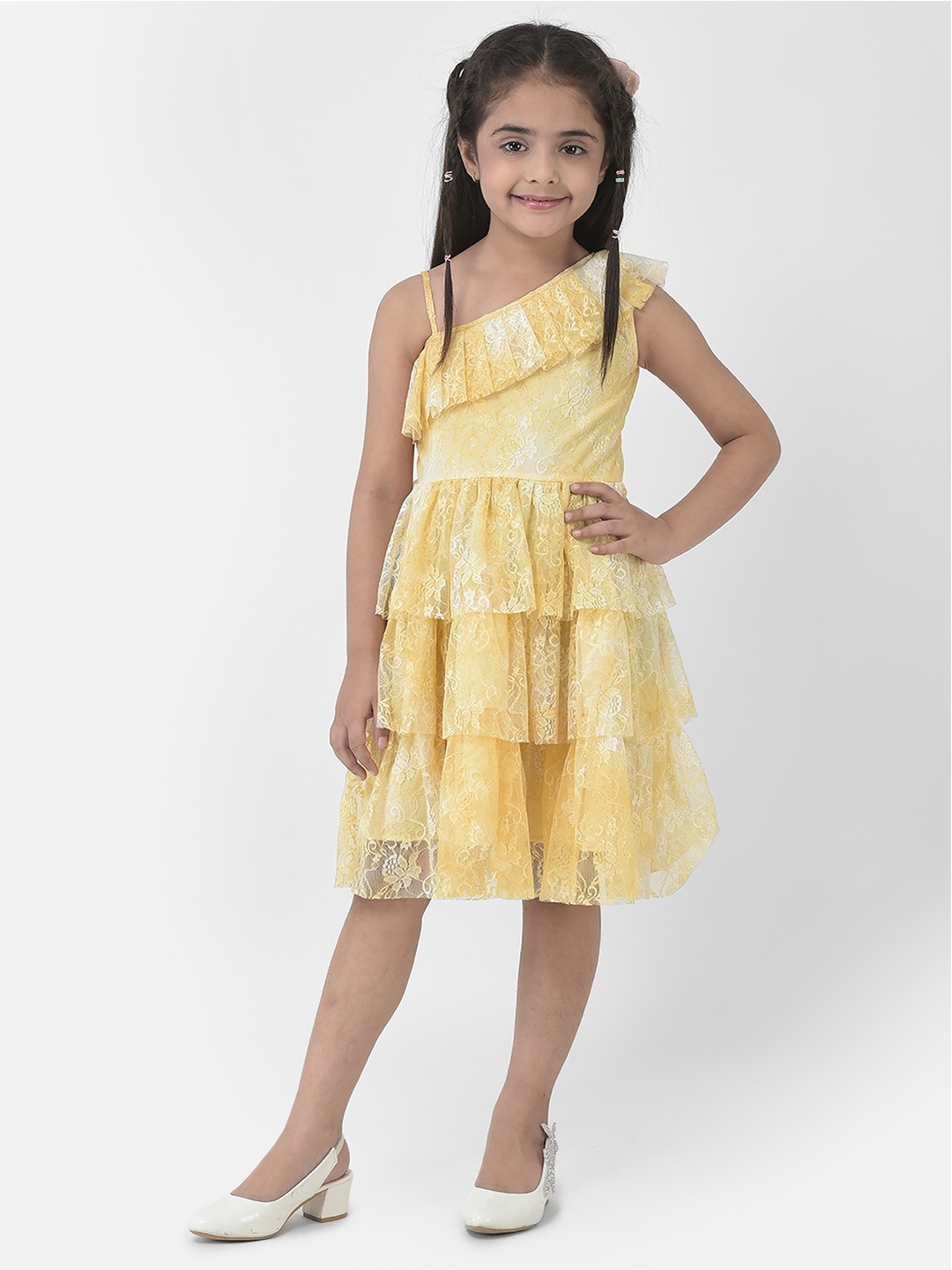 

Eavan Girls Self Design Georgette Layered Fit & Flare Dress, Yellow