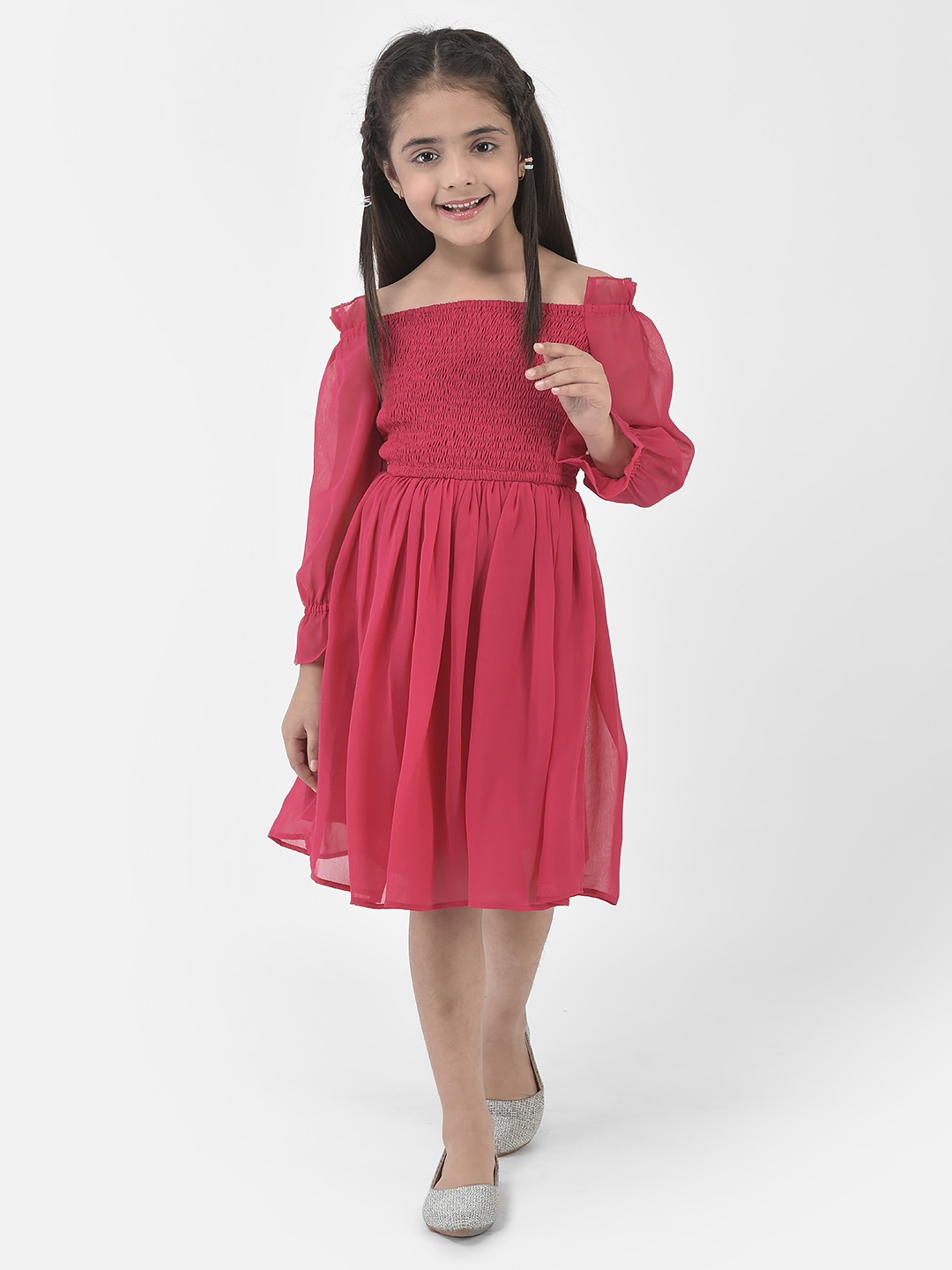 

Eavan Girls Puff Sleeve Smocked Georgette Fit & Flare Dress, Red