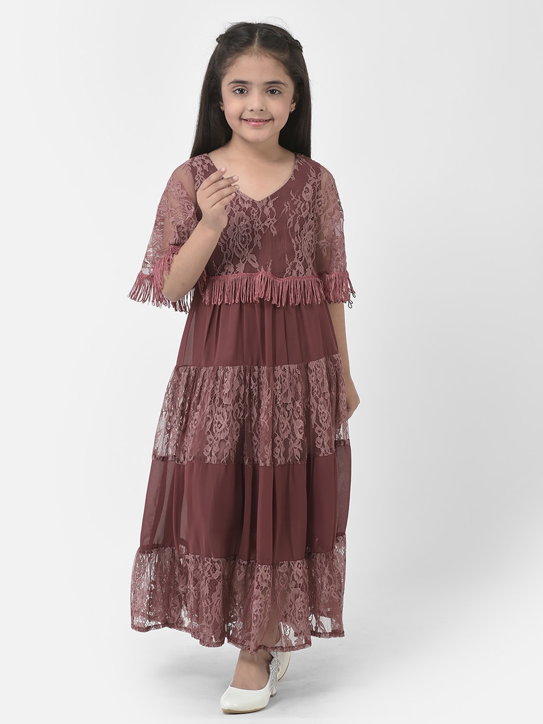 

Eavan Girls Bell Sleeve Net Maxi Dress, Coffee brown