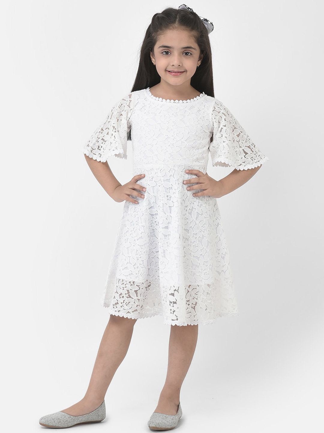 

Eavan Girls Self Design Net Fit & Flare Dress, White