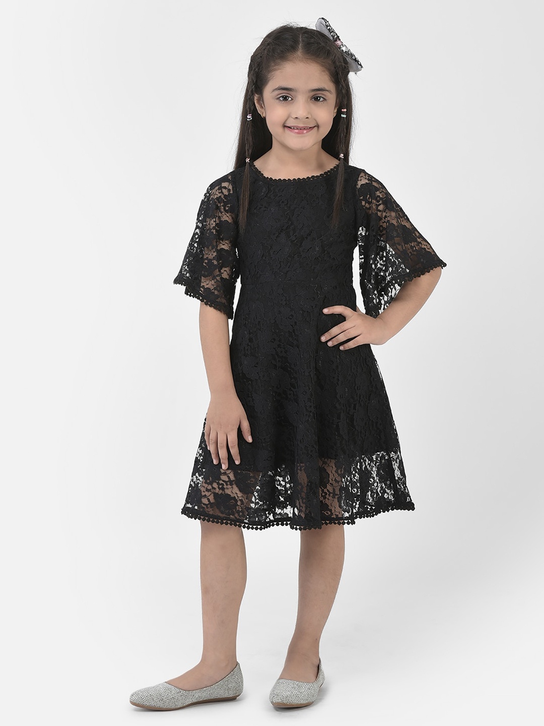

Eavan Girls Flared Sleeve Net Fit & Flare Dress, Black