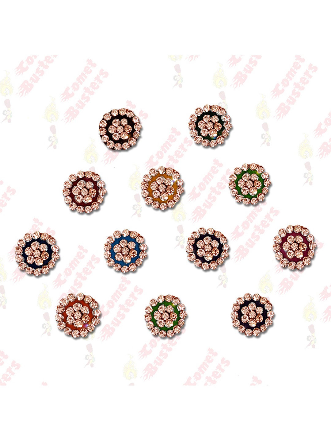 

Comet Busters 12 Pcs Embellished Reusable Designer Bindis - Multicoloured, Multi