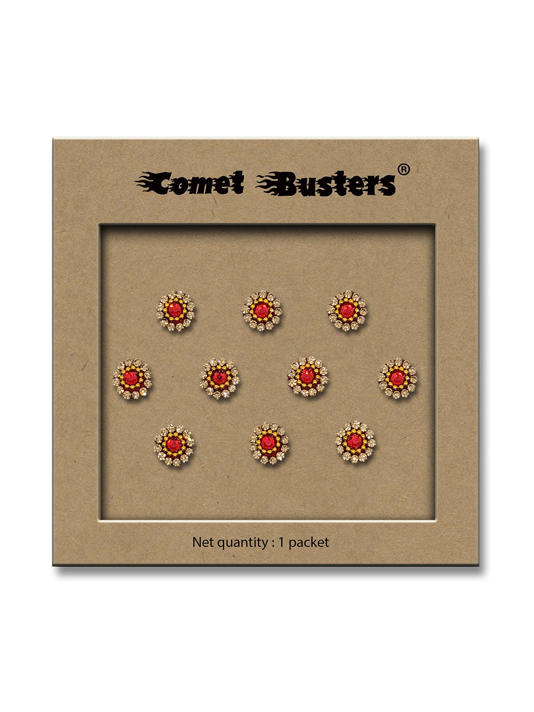 

Comet Busters Red & Gold-Toned Embellished Reusable Designer Bindis - 10 Pcs