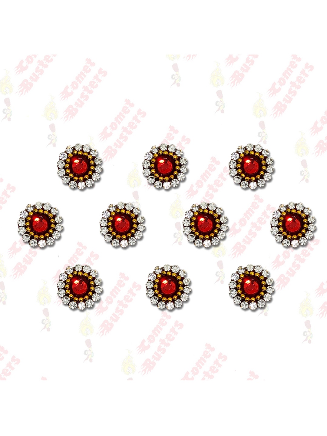

Comet Busters 10 Pcs Embellished Reusable Designer Bindis - Red & Gold-Toned
