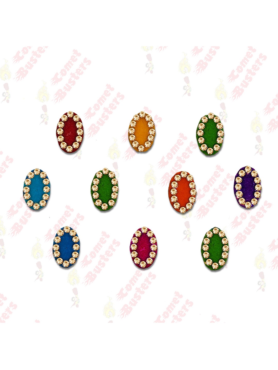 

Comet Busters Multicoloured Embellished Reusable Traditional Bindis - 10 Pcs, Multi