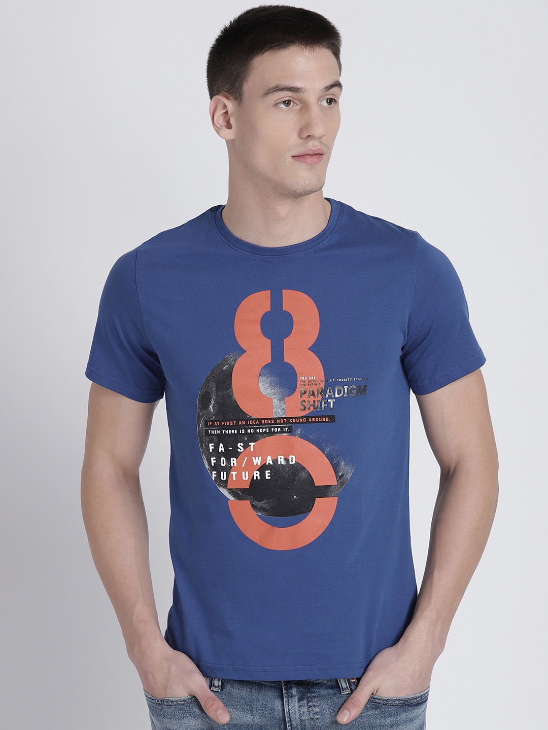 

Splash Men Blue & Rust Orange Printed Round Neck T-shirt