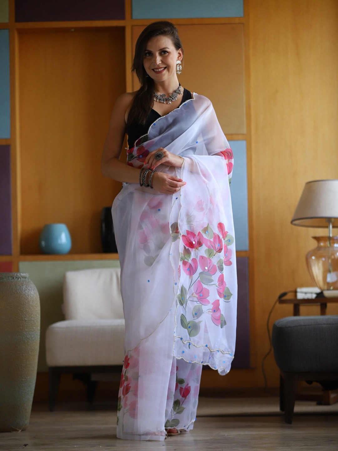 

Atulyam Tex World Floral Embellished Organza Saree, White