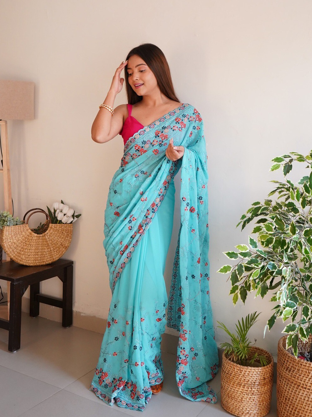 

Atulyam Tex World Floral Embroidered Pure Georgette Saree, Turquoise blue