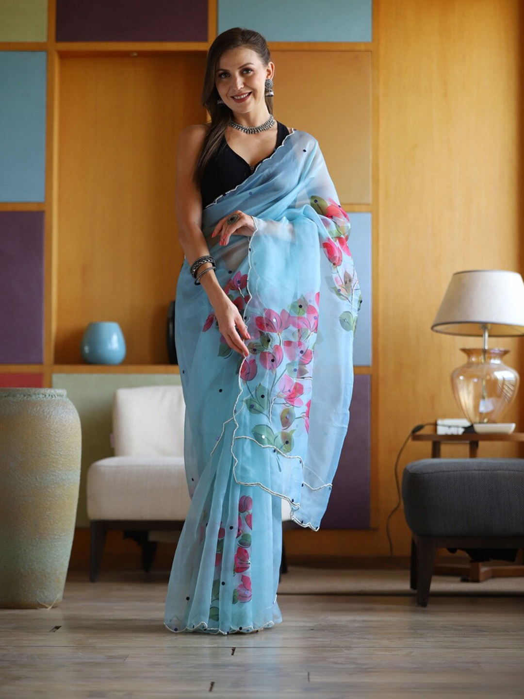 

Atulyam Tex World Floral Printed Organza Saree, Turquoise blue